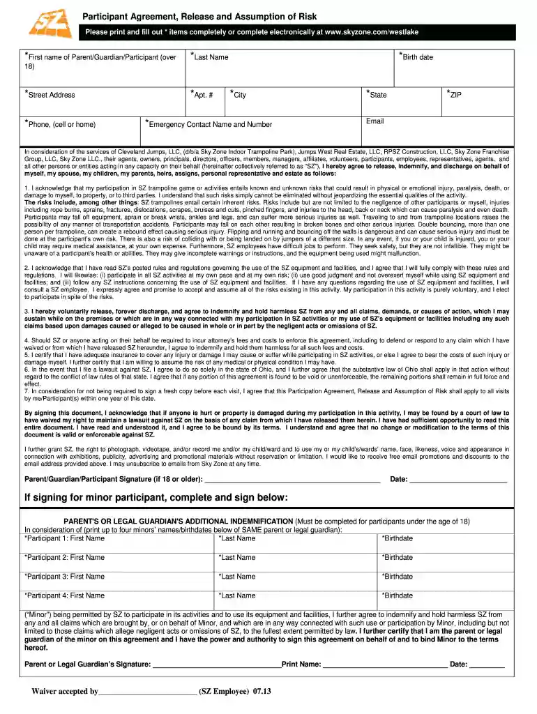 sky zone waiver form Preview on Page 1