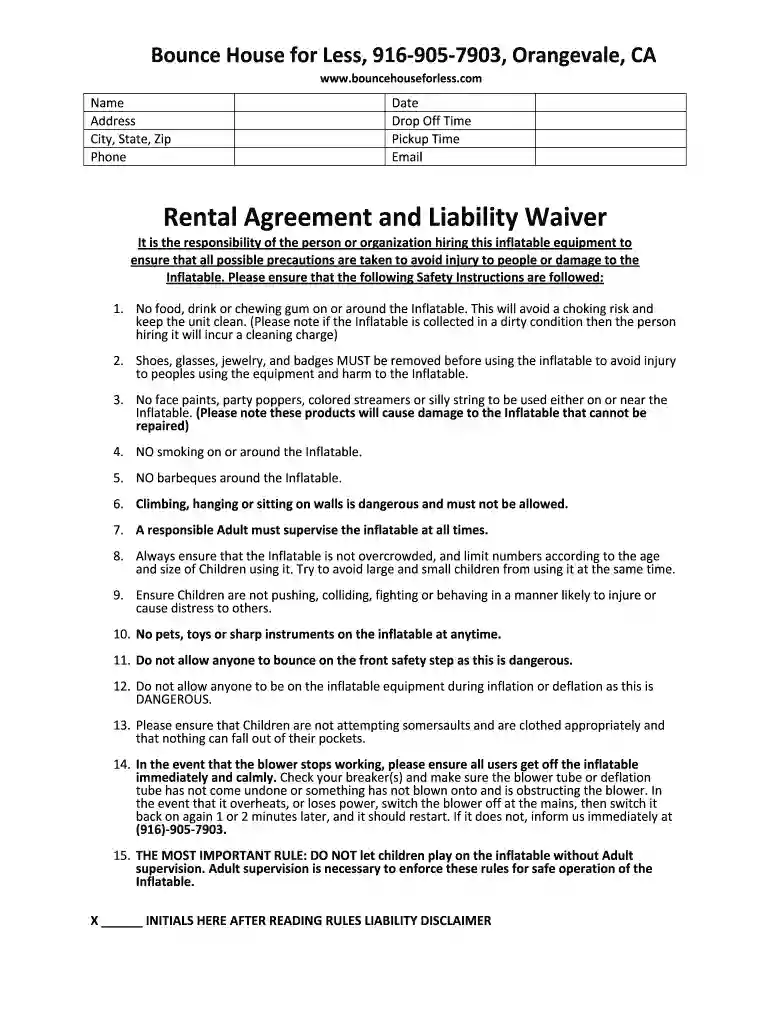 generic waiver release form bounce house Preview on Page 1
