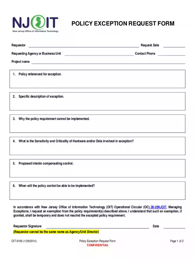 New Jersey Policy Exception Request Form Preview on Page 1