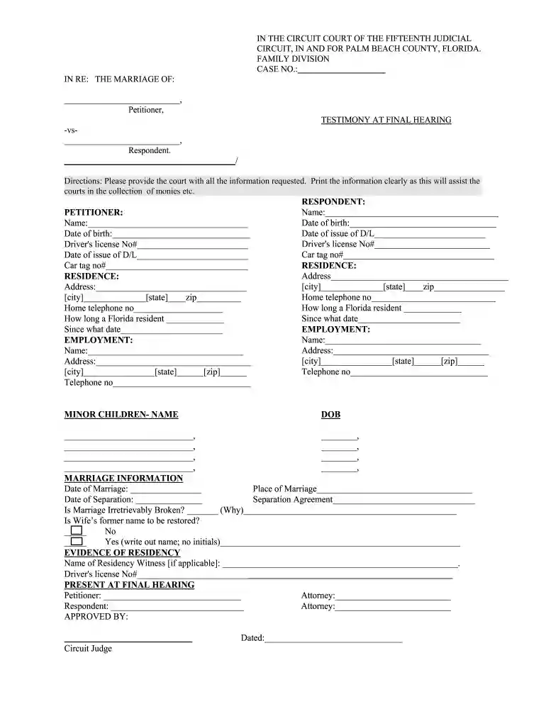 Testimony at Final Hearing Form - 15thcircuit Preview on Page 1
