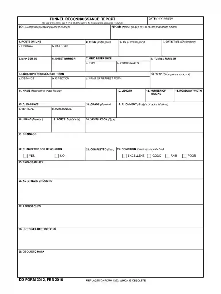 DD Form 3012, Tunnel Reconnaissance Report, February 2016 Preview on Page 1