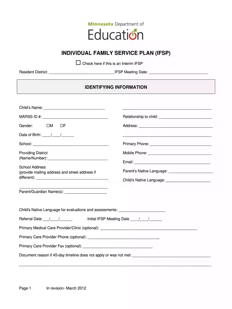 Individual Family Service Plan Preview on Page 1