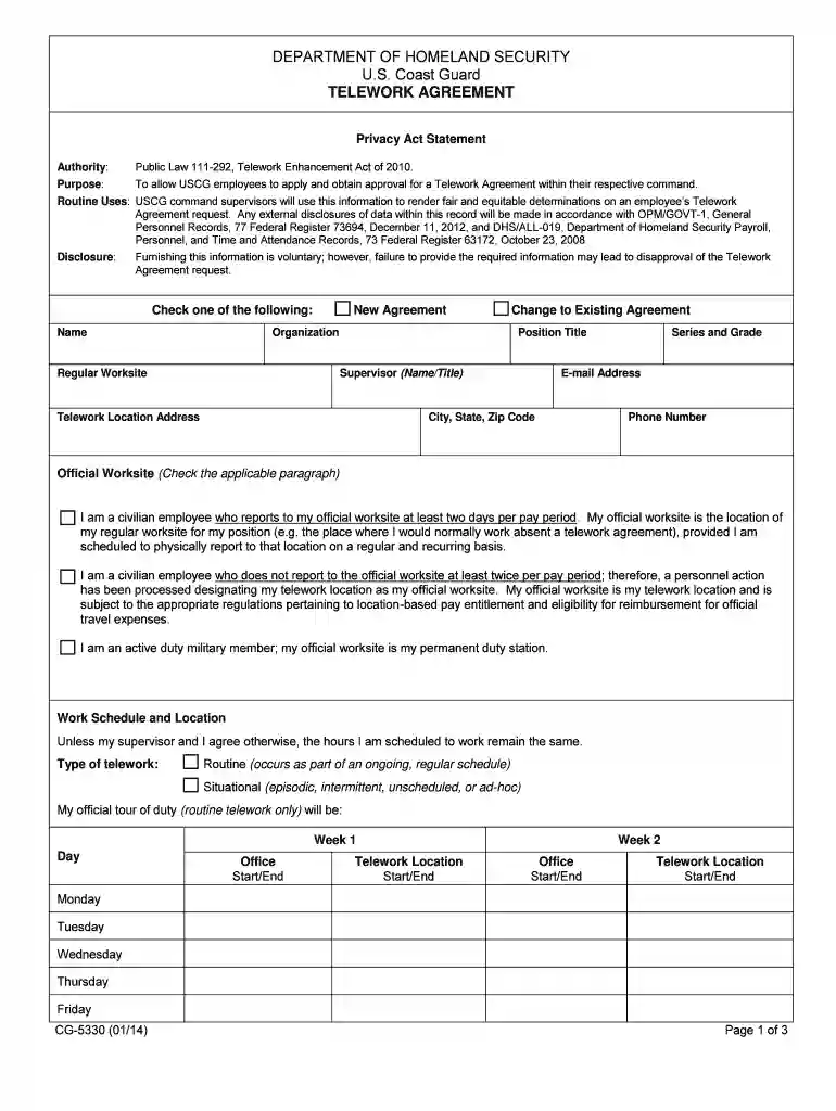2014 homeland security cg5330 telework form trial Preview on Page 1