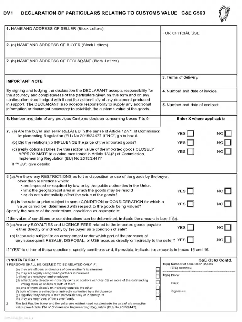 CandE G563 Declaration of particulars relating to Customs value Preview on Page 1