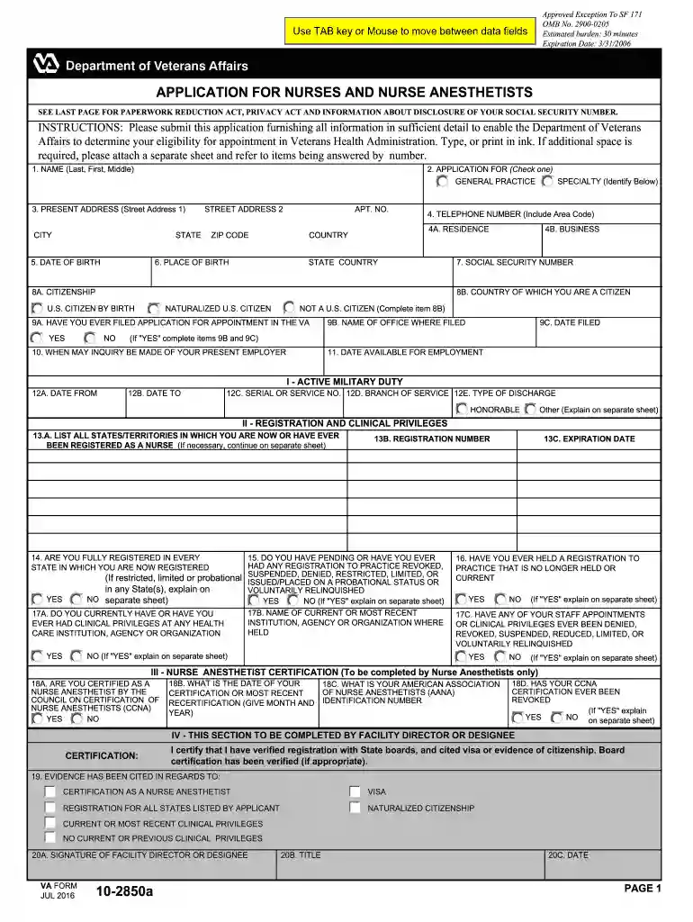 va form 10 2850a Preview on Page 1