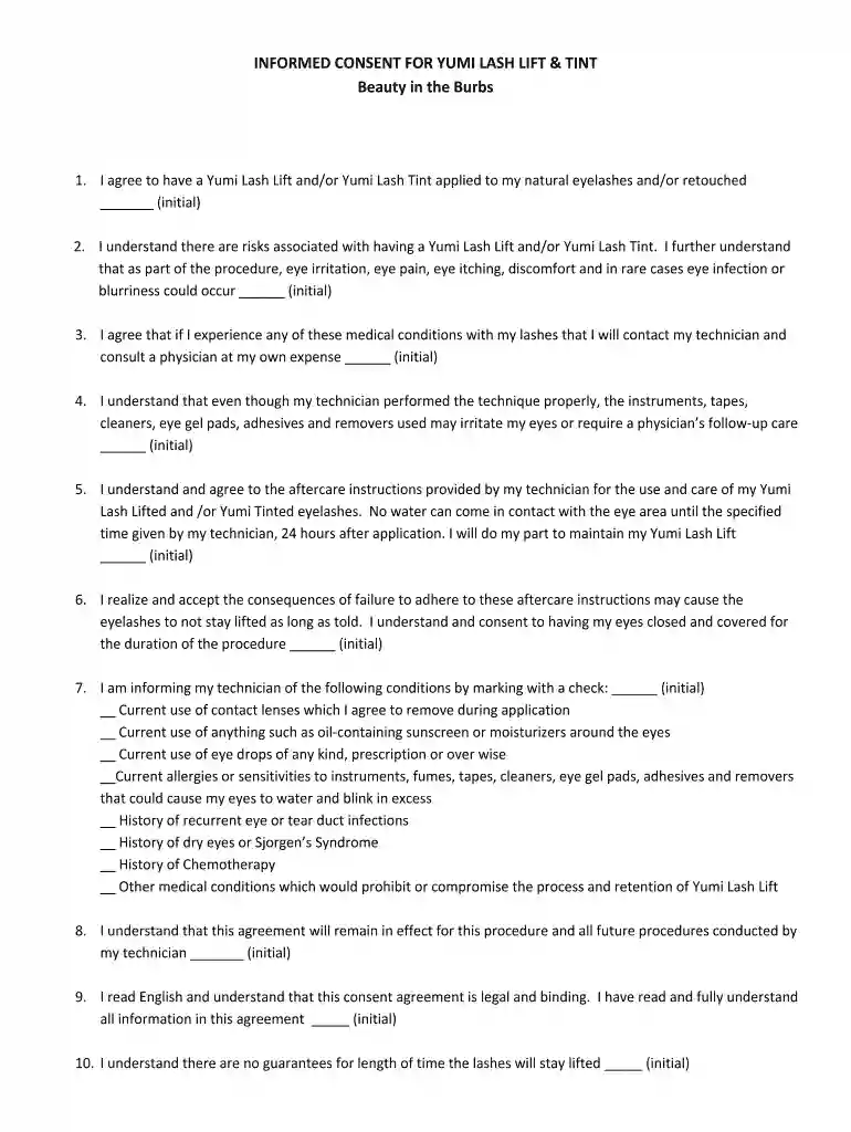 lash lift consent form pdf Preview on Page 1