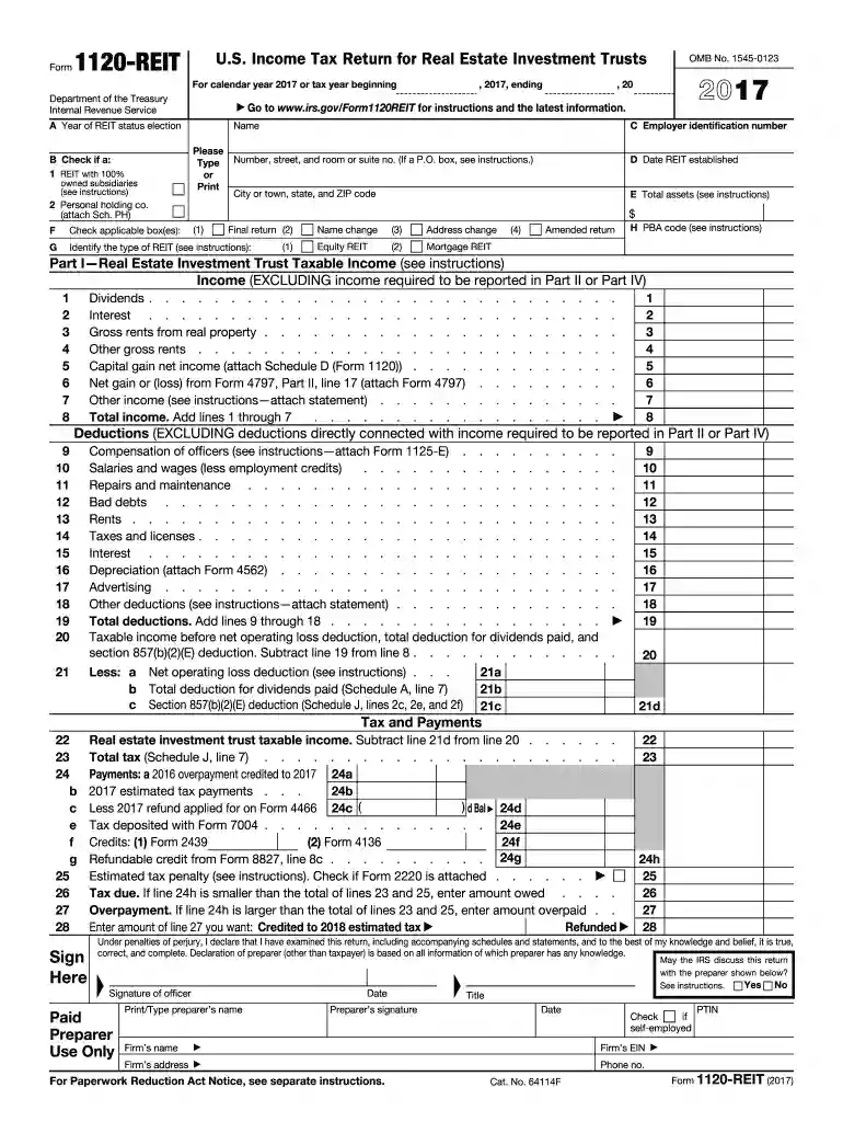 2017 Form 1120-REIT. U.S. Income Tax Return for Real Estate Investment Trusts Preview on Page 1