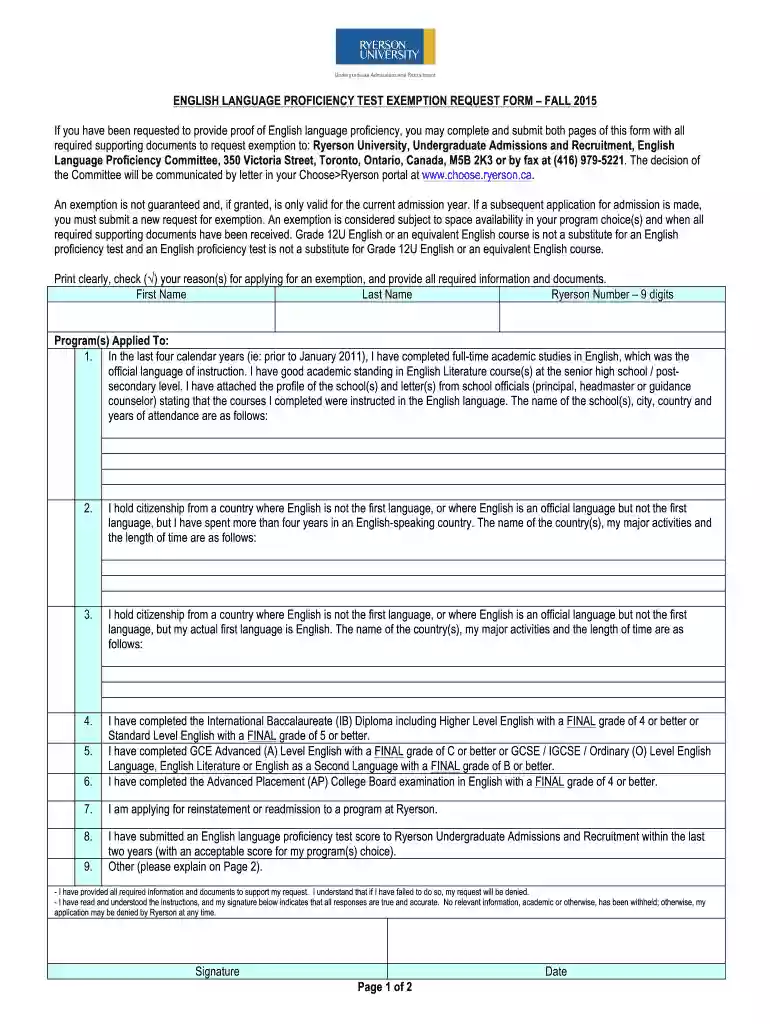 english language test exemption request form Preview on Page 1