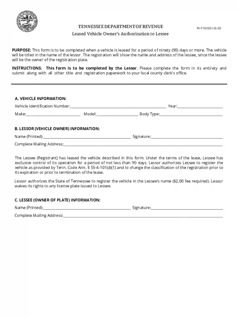 f1309201Fill-in Leased Vehicle Owner's Authorization to Lessee Preview on Page 1