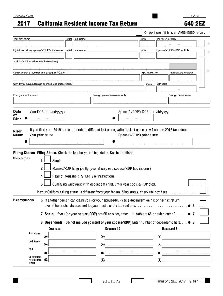 2017 california 540 2ez form Preview on Page 1