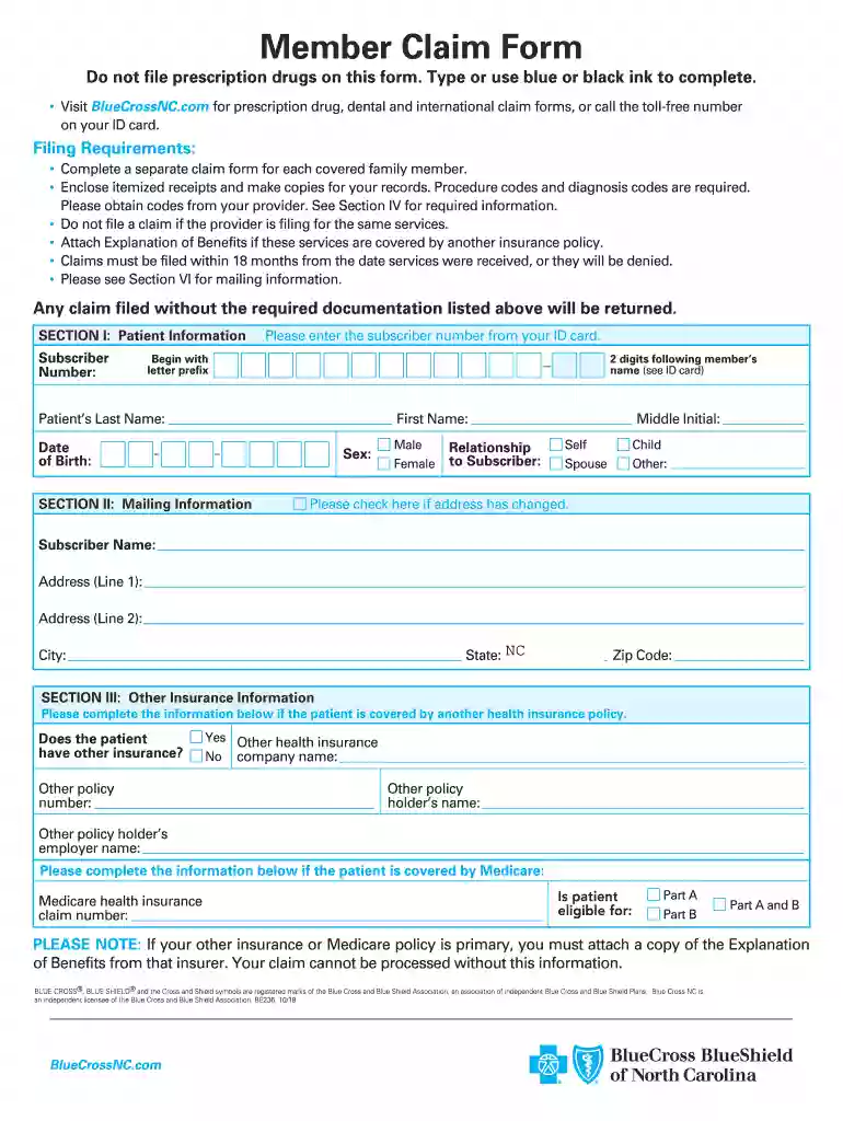 bcbsnc claim form Preview on Page 1