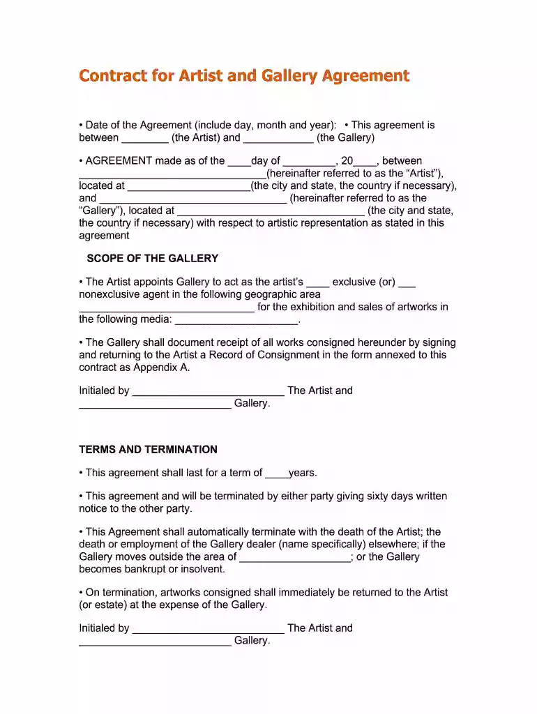 artist gallery agreement template Preview on Page 1