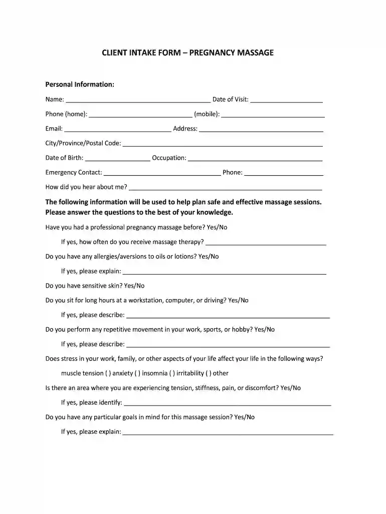 pregnancy massage intake form Preview on Page 1