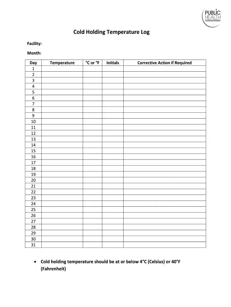 Cold Holding Temperature Log Preview on Page 1