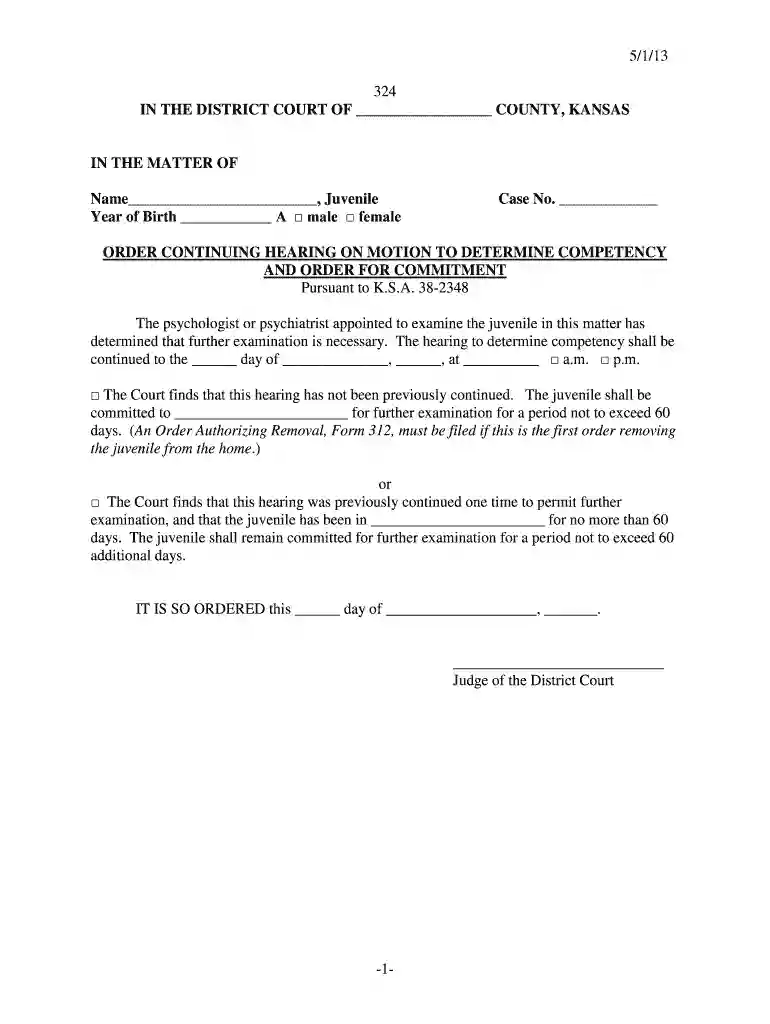 5 1 13 324 IN THE DISTRICT COURT OF COUNTY, KANSAS IN THE MATTER OF Name , Juvenile Year of Birth A Preview on Page 1