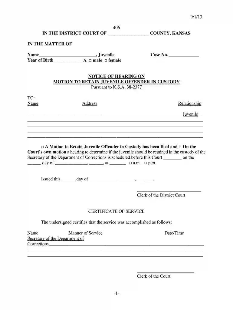 9 1 13 406 IN THE DISTRICT COURT OF COUNTY, KANSAS IN THE MATTER OF Name , Juvenile Year of Birth A Preview on Page 1