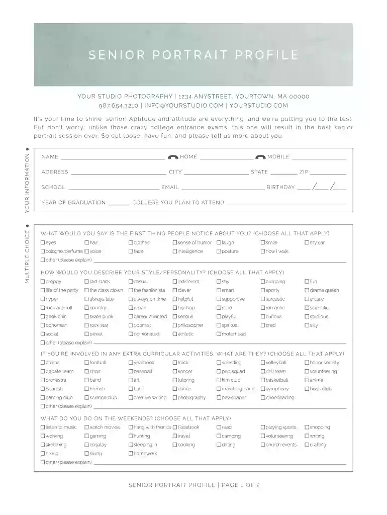 senior portrait questionnaire Preview on Page 1