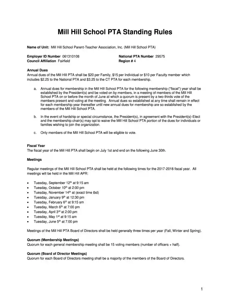 Mill Hill School PTA Standing Rules Preview on Page 1