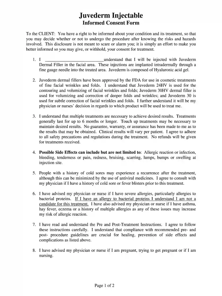 juvederm consent form Preview on Page 1