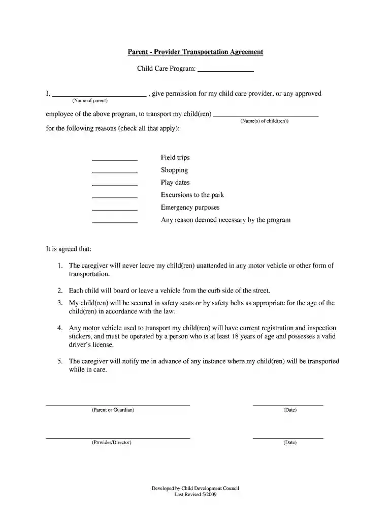 daycare transportation form Preview on Page 1