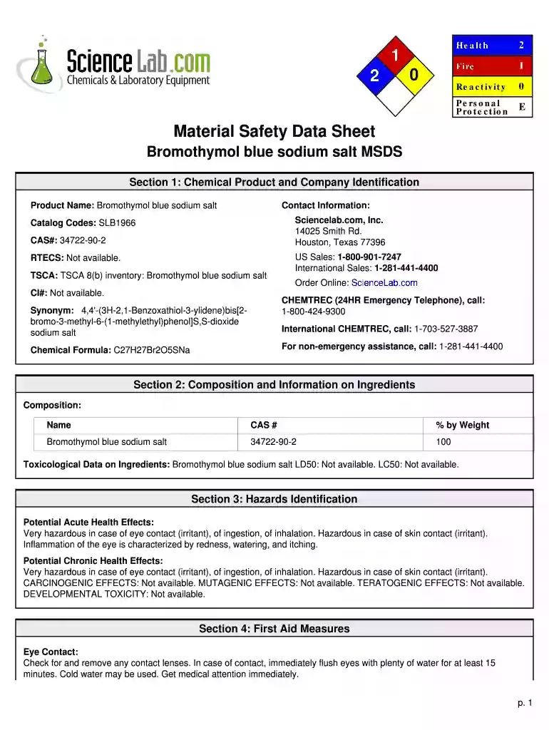 Bromothymol blue sodium salt MSDS Preview on Page 1
