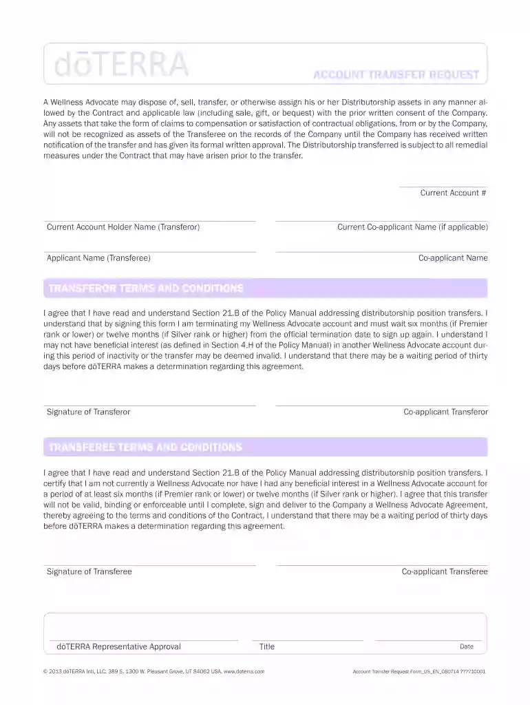 doterra account transfer 2014 form Preview on Page 1