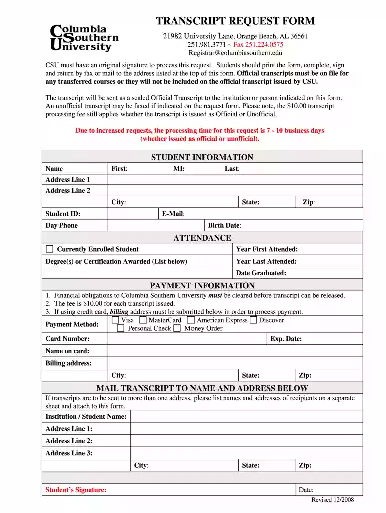 columbia southern university transcript request Preview on Page 1
