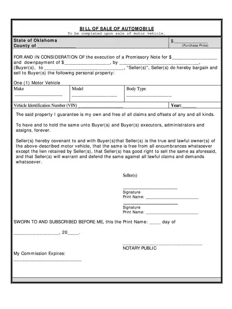 oklahoma vehicle bill of sale Preview on Page 1