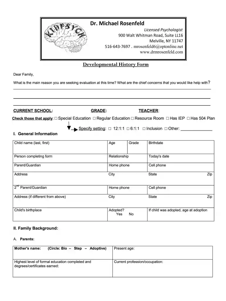 Developmental History Form doc 2793 Preview on Page 1