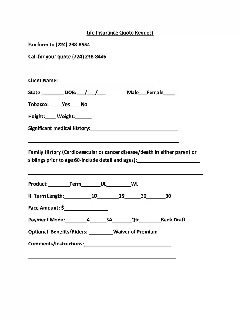 life insurance quote sheet Preview on Page 1