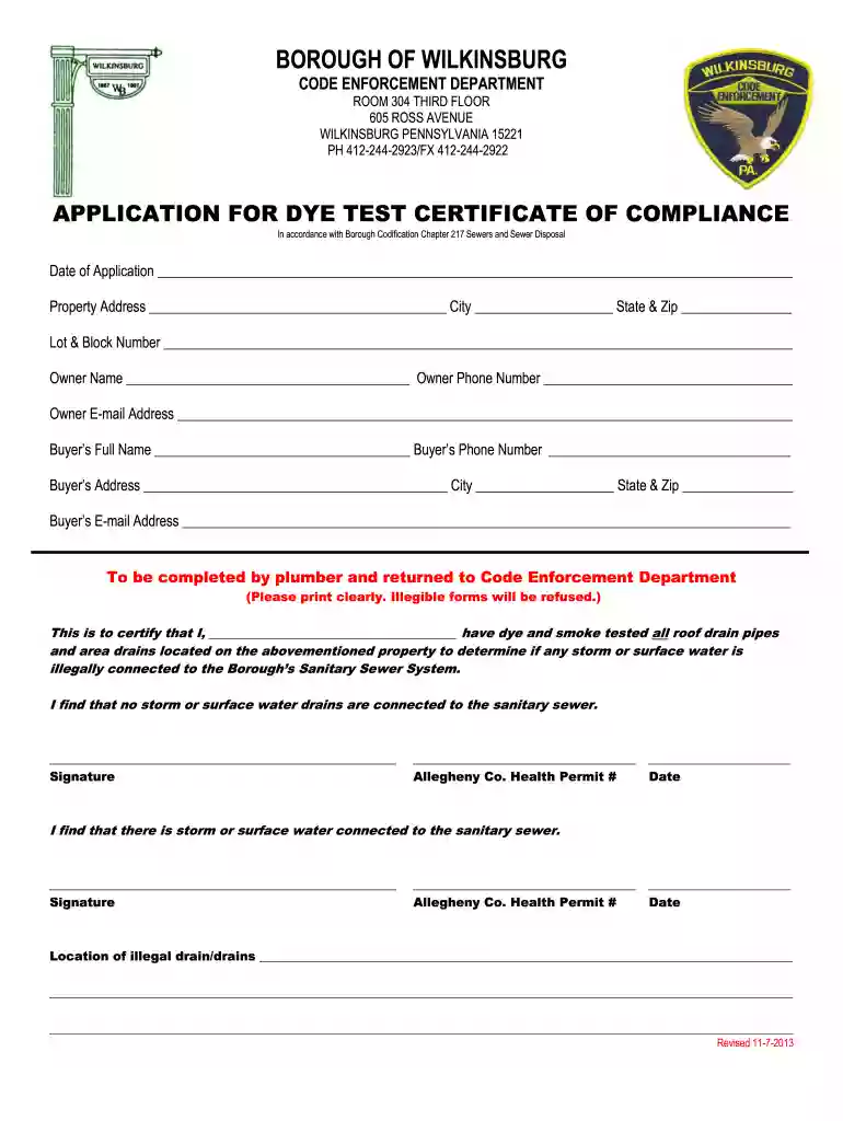 Dye Test Certificate of Compliance Application - Wilkinsburg - wilkinsburgpa Preview on Page 1