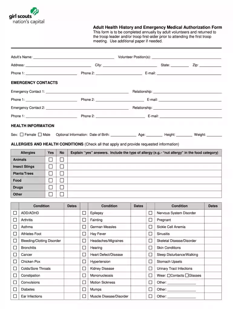 girl scout health history form Preview on Page 1