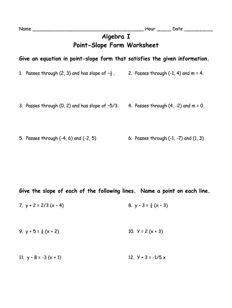 point slope form worksheet Preview on Page 1