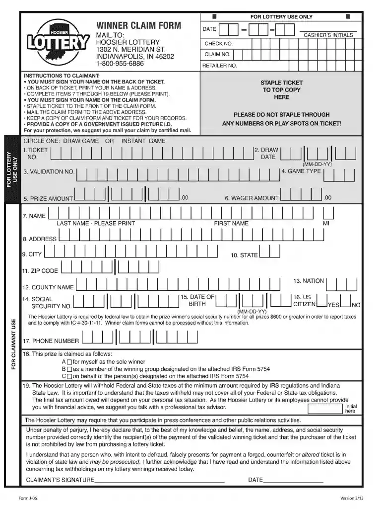hoosier lottery claim form Preview on Page 1