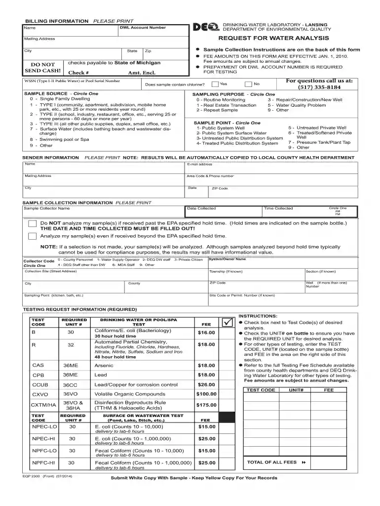 Request for Water Analysis Form EQP2300 - State of Michigan - mich Preview on Page 1