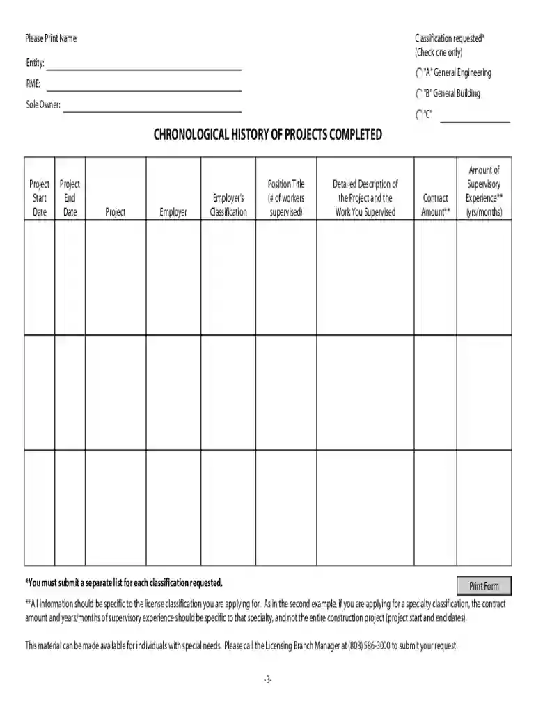 Chronological History of Projects Form Preview on Page 1