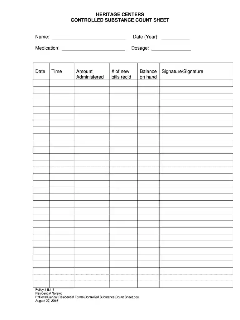 narcotic count sheet Preview on Page 1