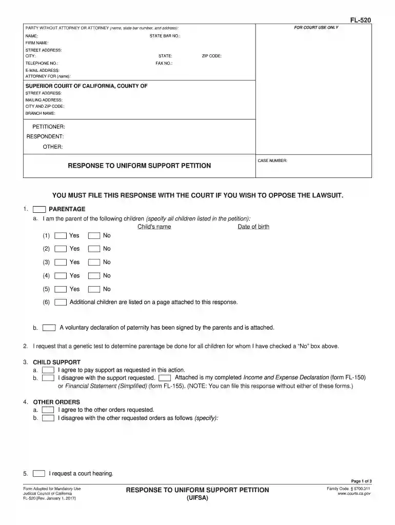 fillabel response to uniform support petition Preview on Page 1