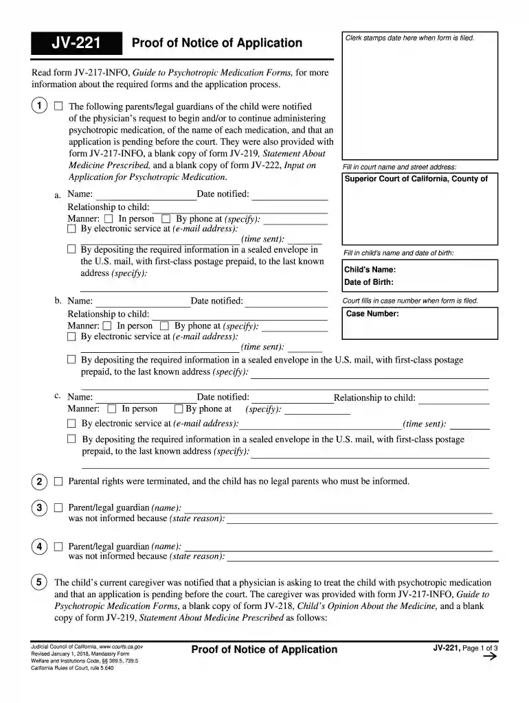 JV-221 Proof of Notice of Application. Judicial Council forms Preview on Page 1