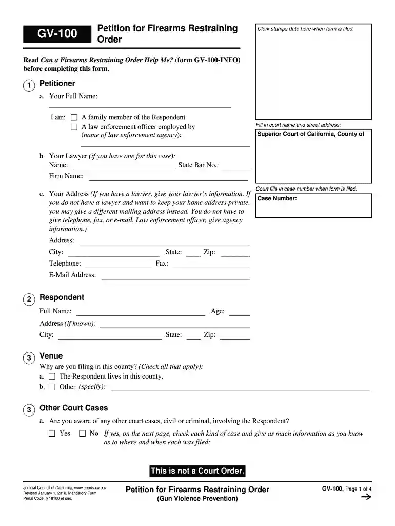GV-100 Petition for Firearms Restraining Order. Judicial Council forms Preview on Page 1
