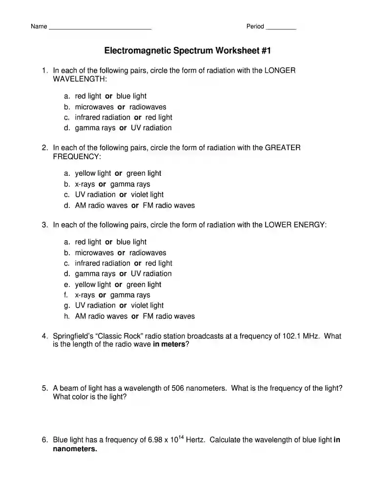 spectrum worksheet Preview on Page 1