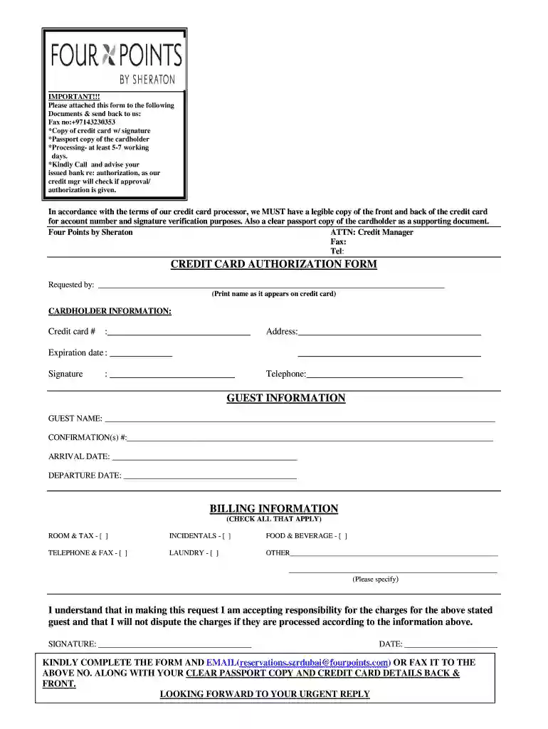 sheraton credit card authorization form Preview on Page 1