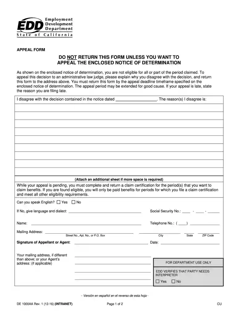 appeal form de 1000a Preview on Page 1