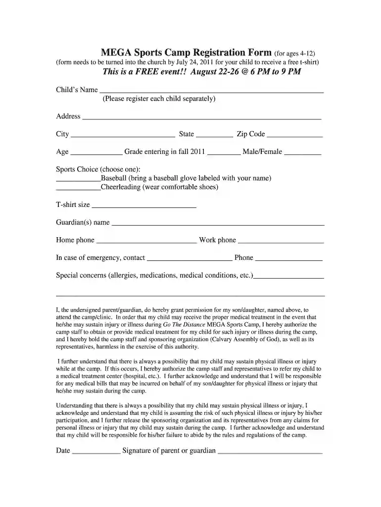 sports camp registration form Preview on Page 1