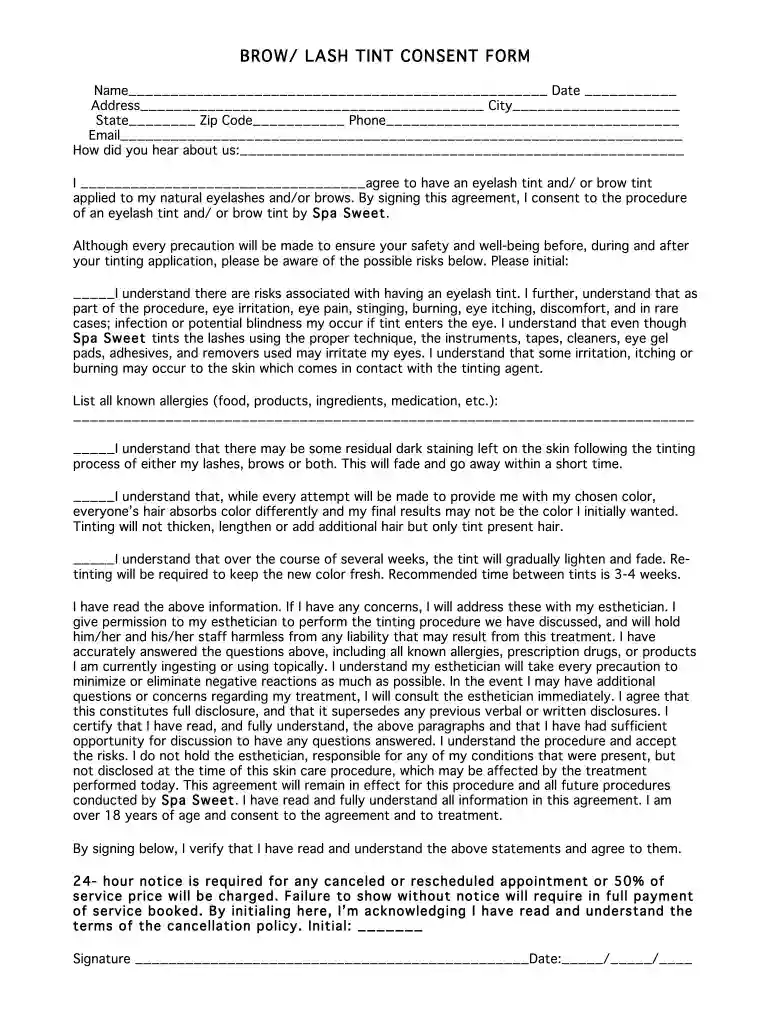 lash tint consent form Preview on Page 1
