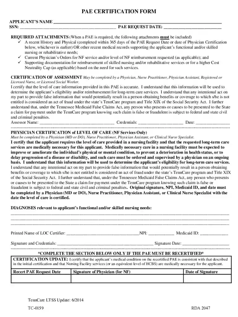 pae certification form Preview on Page 1