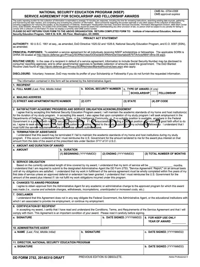 DD Form 2752, NSEP Service Agreement for Scholarship and Fellowship Awards, 20140310 draft Preview on Page 1