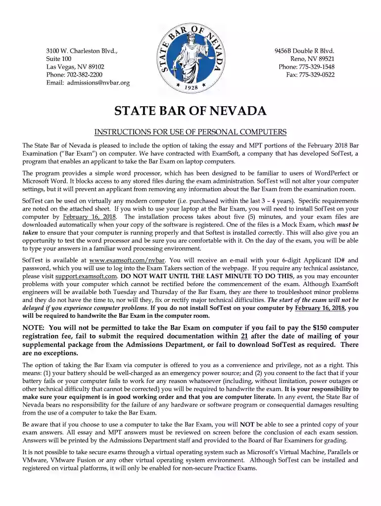 ExamSoft Registration Form February 2018 - State Bar of Nevada Preview on Page 1