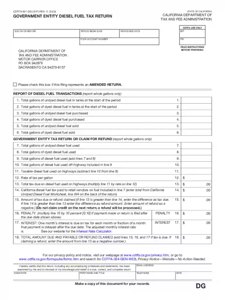 CDTFA-501-DG Government Entity Diesel Fuel Tax Return Preview on Page 1