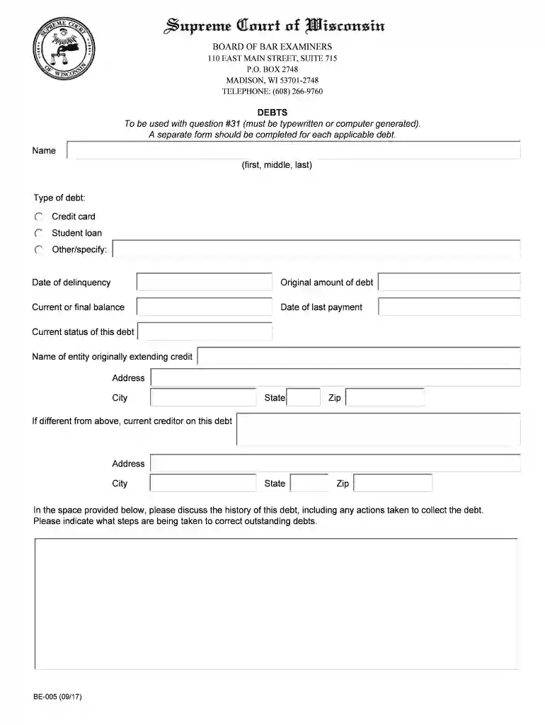 form 005 debts form Preview on Page 1